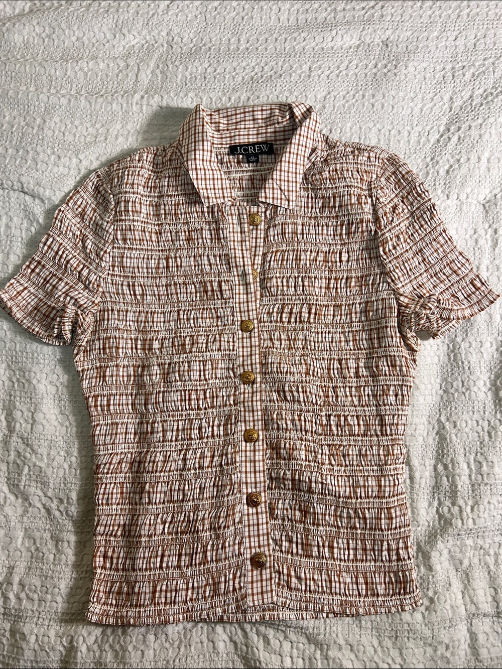 J. Crew Cream & Brown Smocked Short-Sleeve Button-Down size XS